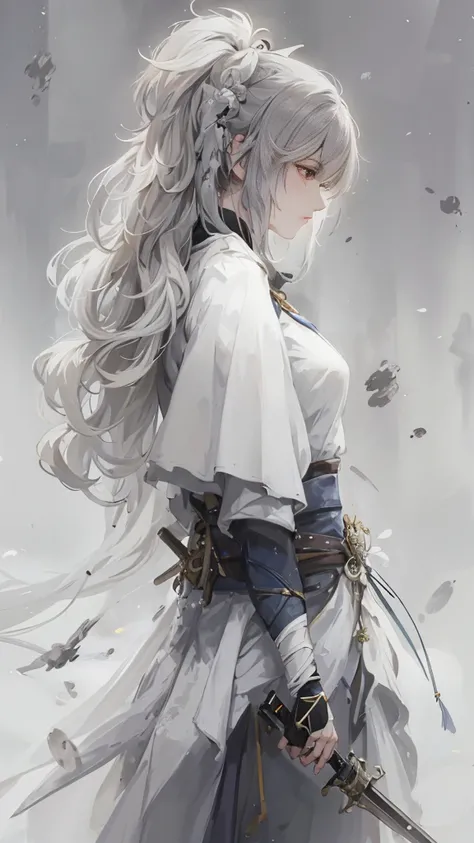 Closeup of a woman in a white dress holding a weapon, Portrait of Yang J,  is trending on CGSociety ,  fantastic art ,  Beautiful character painting , artwork in the style of Gu Weiss, Gu Weiss,  white Hanfu, Flowing White Robe , Full body martial arts,   ...