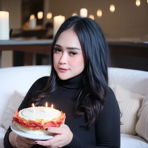 ((((bbw  )))) a woman holding a cake with lit candles, black hair, brown eyes, food, sweater, turtleneck, red sweater