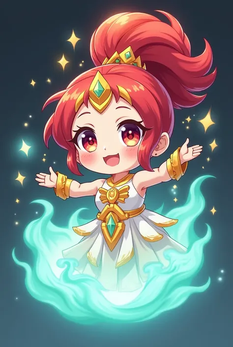 DJINN RENOVATES in chibi version ,  with an adorable and expressive design .  She has a large floating red ponytail with bright reflections and a golden tiara on her forehead .  Her face is round with large sparkling eyes and slightly flushed cheeks ,  tra...