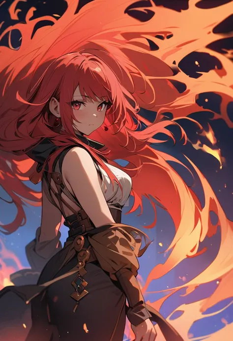 1. Pretty girl,  glamour,  Super Fine, masterpiece,  high quality,  beautiful,  bright red hair,Ruby eyes ,  long hair,  adventurer, fire