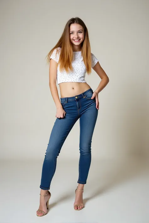 one young girl, posing, full body, wearing tight jeans, wearing cute shirt, blond, high resolution