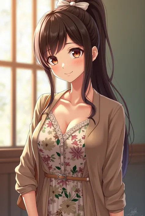 Takane Manaka, shiny brown long hair, ponytail with white ribbon, beautiful brown eyes, smiling face, sparkling pupils, (fine grain), highly detailed eyes, highly detailed face, highly detailed eyes,, (masterpiece:1.2, best quality), 1 girl, cowboy shot,, ...