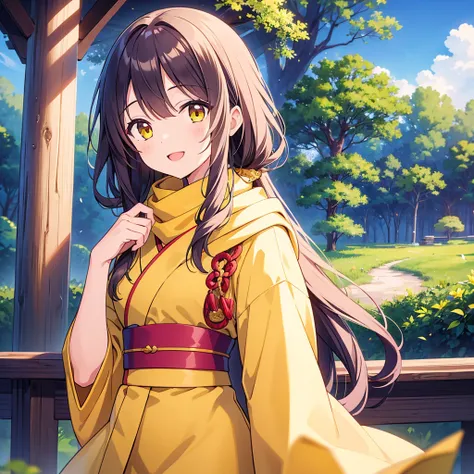  1 girl,  Masterpiece,  top quality,  very detailed,  Illustration of , account statement,  outdoor, forest,  upper body,  kimono,  yellow scarf ,  long hair,  Watch Viewers , smile, 