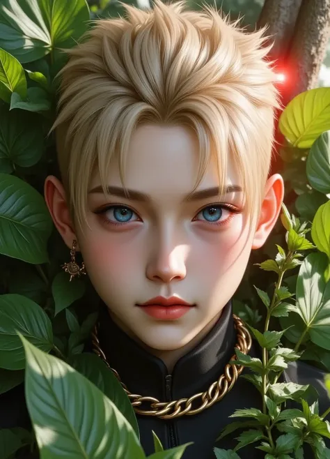 a highly detailed 8k hyperrealistic photo of a young boy, naruto character, surrounded by lush green leaves, emanating red energy, detailed facial features, photorealistic, masterpiece, best quality, ultra-detailed, vivid colors, physically-based rendering...