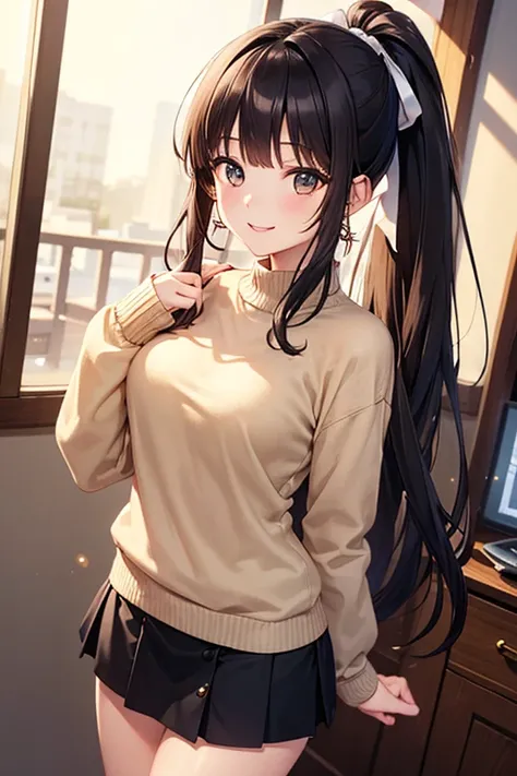 Takane Manaka, shiny brown long hair, ponytail with white ribbon, beautiful brown eyes, smiling face, sparkling pupils, (fine grain), highly detailed eyes, highly detailed face, highly detailed eyes,, (masterpiece:1.2, best quality), 1 girl, cowboy shot,, ...