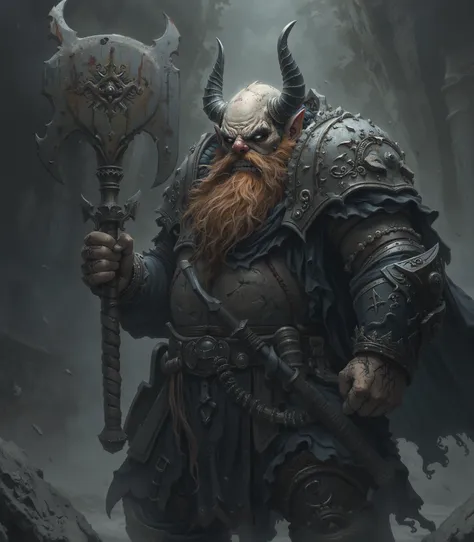 A dwarf who fights against God、（ fat、 short）、Commonly known as red beard、Angry Lion、The Monk of Darkness、large blunt instrument、Big Shield、 Black armor with black cloak 、A helmet in the shape of a horned skull、cloudy white eyes、 short limbs、Thick limbs、Vil...