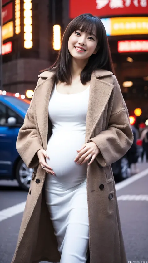 masterpiece, Best Quality, 8K,looking at the viewer,Japanese Lady,20 years old, huge pregnant, Voluptuous, cinema background, A-line coats, sweet smile