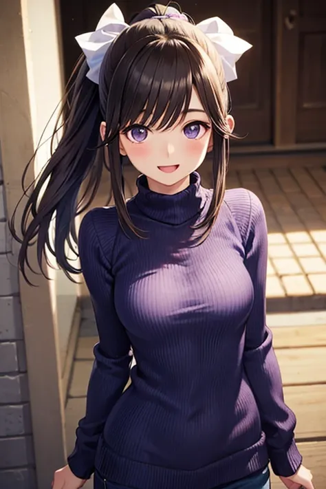 Takane Manaka, shiny brown long hair, ponytail with white ribbon, beautiful brown eyes, smiling face, sparkling pupils, (fine grain), highly detailed eyes, highly detailed face, highly detailed eyes,, (masterpiece:1.2, best quality), 1 girl, cowboy shot,, ...