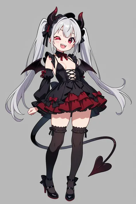  twin tails on legs、 Silver Hair、Devil Horns、Devil's Tail 、 small tits、 slippery、 plumpy、Breasts not big 、 small breasts、 gothic lolita costume 、 high knee socks、High heels、R18、night、moon、満moonが出ている、 red eyes、Devil Wink、black and red bat feathers、Two fangs...