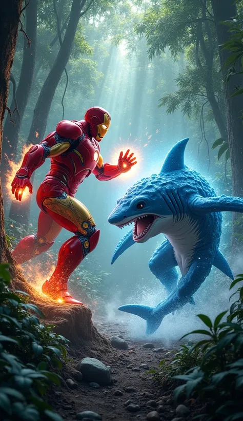 Iron Man and Frostfin Shark clash in a fierce battle deep within the jungle, where advanced technology meets primal icy fury. Towering trees shatter as Iron Man’s repulsor blasts light up the dense foliage, while the Frostfin Shark, adapted for both land a...