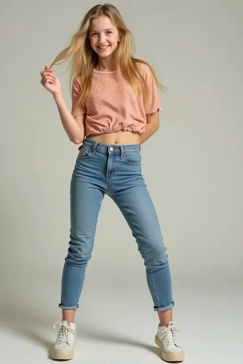 one young girl, posing, full body, wearing tight jeans, wearing cute shirt, blond, high resolution