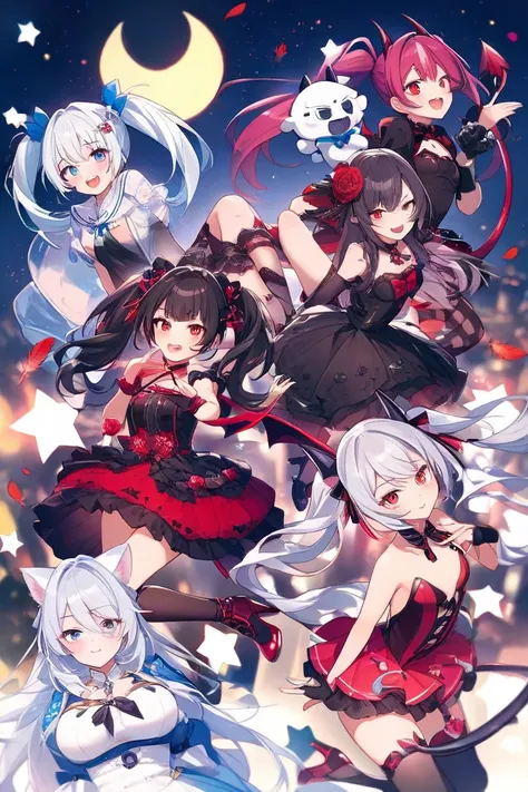  twin tails on legs、 Silver Hair、Devil Horns、Devil's Tail 、 small tits、 slippery、 plumpy、Breasts not big 、 small breasts、 gothic lolita costume 、 high knee socks、High heels、R18、night、moon、満moonが出ている、 red eyes、Devil Wink、black and red bat feathers、Two fangs...