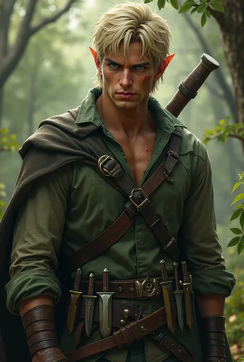 Create a rogue male elf with short blond hair, green eyes that your face has several scars and a belt with several daggers of different shapes with a lot of charisma
