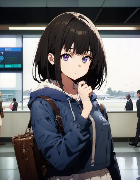 Takiuchikami, check it out, long short hair , bob cut, bangs, black hair, purple eyes,Medium breast,Blue oversized hoodie , white long skirt, Bbo~, suitcases, standing,whole bodyがイラストに入る入るように,
break indoors,airport,lobby,
break looking at viewer,whole...