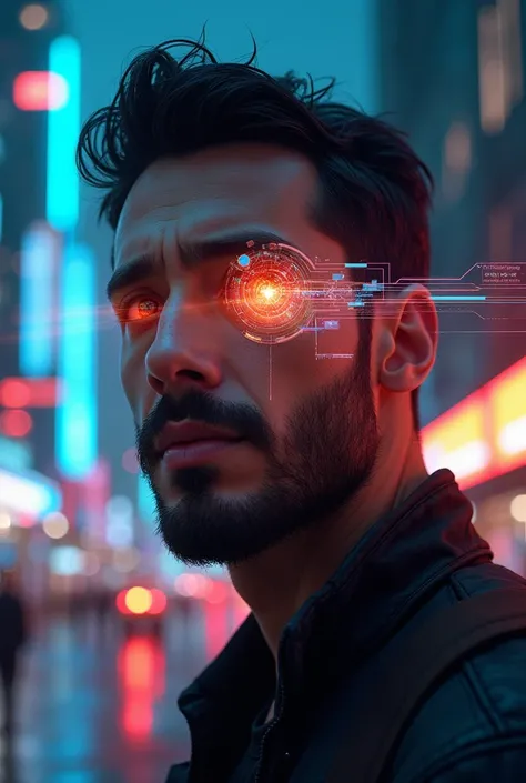 Um close-up do rosto de um homem, iluminada por um brilho, símbolos futuristas e fluxos de dados refletidos em seus olhos. atrás dele, a vivid, transições de fundo surrealistas do presente — uma movimentada rua urbana com luzes coloridas — para um futuro l...