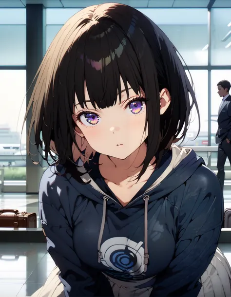Takiuchikami, check it out, long short hair , bob cut, bangs, black hair, purple eyes,Medium breast,Blue oversized hoodie , white long skirt, Bbo~, suitcases, standing,whole bodyがイラストに入る入るように,
break indoors,airport,lobby,
break looking at viewer,whole...