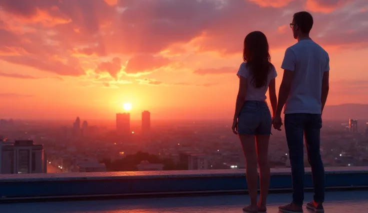 Couple on the roof of a building admires the sunset