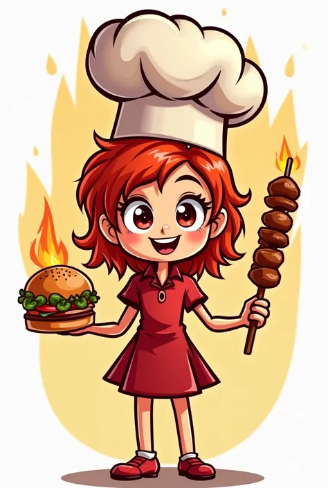 Chat, I need an idea of a logo type for a snack bar , the name is "On the grill, on the grill" (Desirable name in the image in Portuguese/Brazil), The idea is a fire (Character) With a chef's hat,  holding a hamburger snack in her right hand and a kebab in...