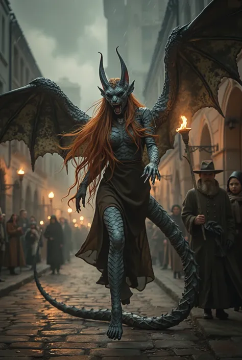 Female gargoyle,  flakisoma, very high, Very long red-haired hair,  very long hair,  Egyptian cat face , very long nails and blood spilling down the nails, Huge, giant dragon wings crawl across the medieval floor in a busy street full of people carrying to...