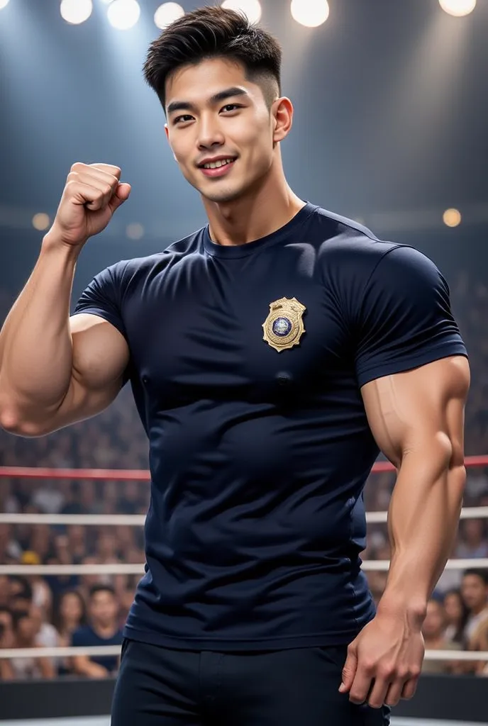 A handsome Korean man wearing a navy blue short-sleeved round neck shirt poses with a police badge, big muscles, wrestling stage backdrop, smiling, raising his hand in homage