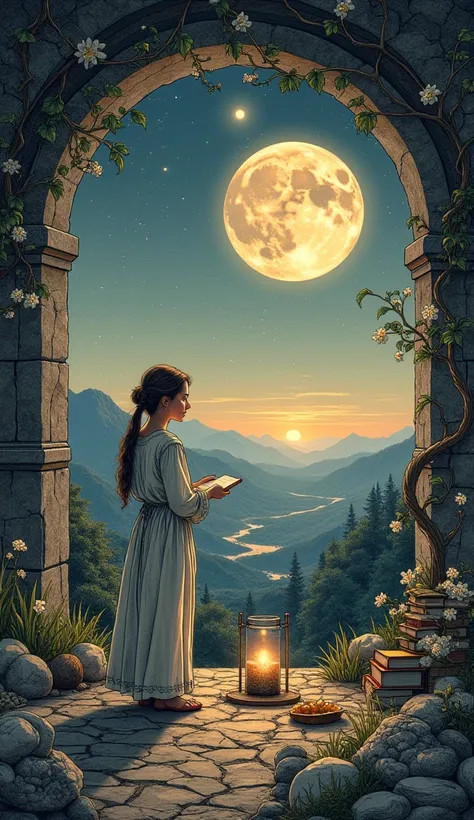 A highly detailed woodcut, engraving style illustration that exudes a serene and mystical atmosphere, all in engraving style. In the background it is dawn and the sky is very starry and illuminated, the Moon is in its waxing phase and the Sun is rising. An...