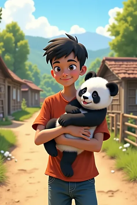 A  walking towards his village, holding the baby panda in his arms. The panda sunggles into boy chest, looking cozy and content. In the background, a sunny village landscape with traditional houses and trees.