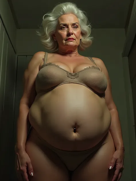 a cinematic portrait of a grandMother trainer in female heat, view from bottom, looking down smiled, shot from a three-quarter angle. perfect mesomorph succubus-woman, calm yellow eyes, small tanktop, elastic breast, hold  viewer located under her, HIGHLY ...