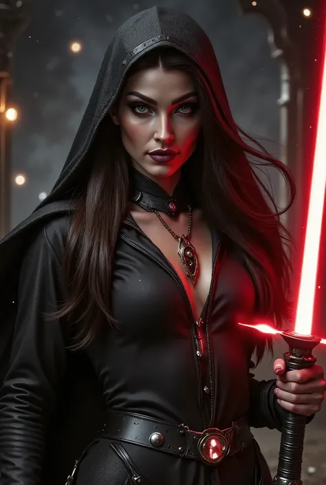 full body shot, female warrior, sith lord, star wars, red lightsaber, intricate details,beautiful detailed eyes, beautiful detailed lips, extremely detailed face, long eyelashes, evil look, diabolic, dramatic lighting, dark fantasy, chiaroscuro, cinematic ...