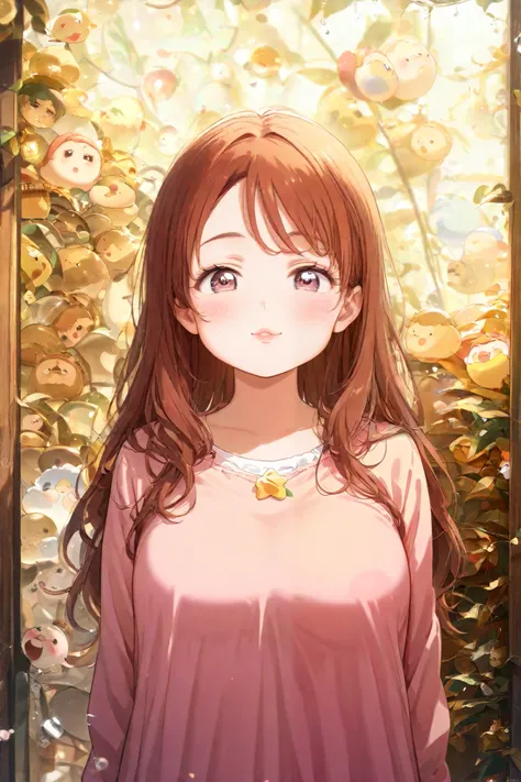 An anime chick with a baby face,  her cheeks are chubby ,  His eyes were big , warm , her smile is sweet ,  her lips are plumpy in peach color ,  her hair is long wavy with bangs framing the face,  her height is 152cm , she weighs 42kg .