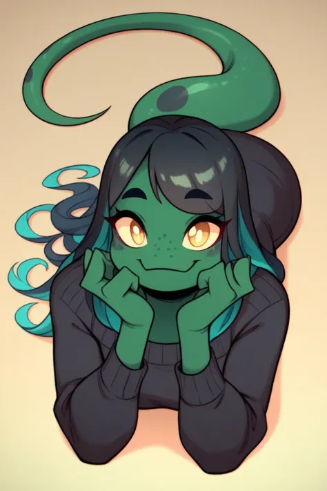 1girl, solo, green skin, adult female, day gecko, lizard girl, not human, anthro, long wavy dark black hair, long hair, teal highlights, elegant, sexy, bangs, cute face, teal freckles on skin, bright gold eyes, long simple tail, geek girl, no human ears, n...