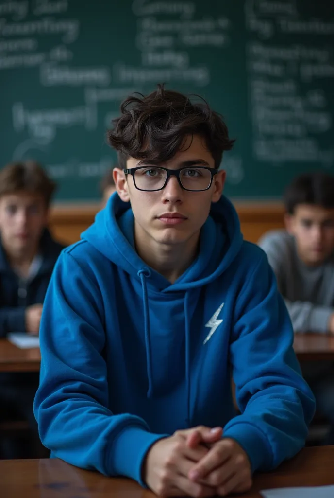 .  Bully Gamer
A teenage boy with short dark hair ,  wears a blue hoodie with a small lightning logo on the sleeve and black gaming glasses,  sitting on a classroom bench with a sad expression .  His friends around laughing and mocking him .  The backgroun...