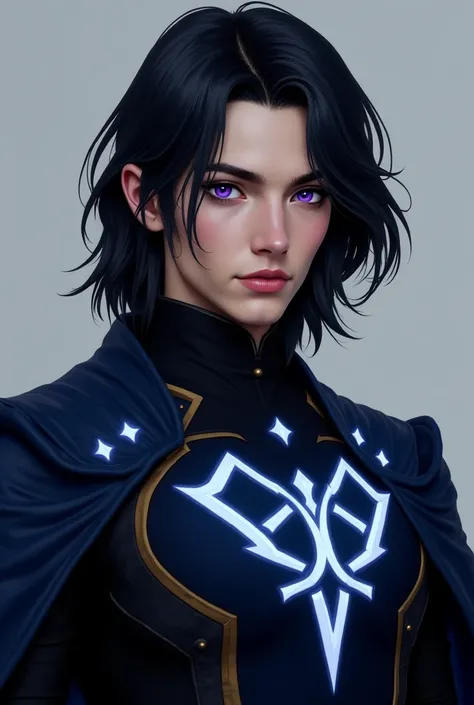 Appearance: Jet-black, shoulder-length hair with streaks of deep blue. Sharp, dark purple or silver eyes that glow in the light. Wears a black and dark blue outfit, blending sleek armor and elegant robes, with glowing white symbols. The high collar gives a...