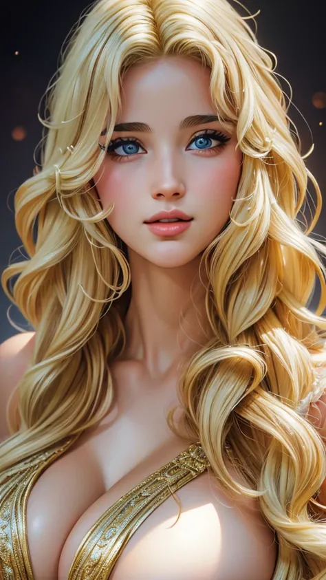 1 Greek goddess , blond hair,long wavy hair,,Venus,half body, masterpiece, High Quality,big,arte de splash, ultra-detailed,realistic:1.37,Portraits,vivid colors,  Studio lighting  ,sharp focus, Bokeh effect