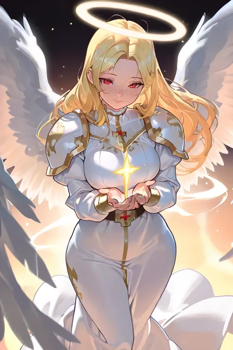 ((best quality)), ((masterpiece)), 1girl, ((long fair parted hair)), cute red eyes, elegant look, dynamic lighting, beatiful hands, detailed eyes, curvy body, medium breast, splashart, fantasy angel, 1 longsword, angel, angel robe, angel wings, light armor...