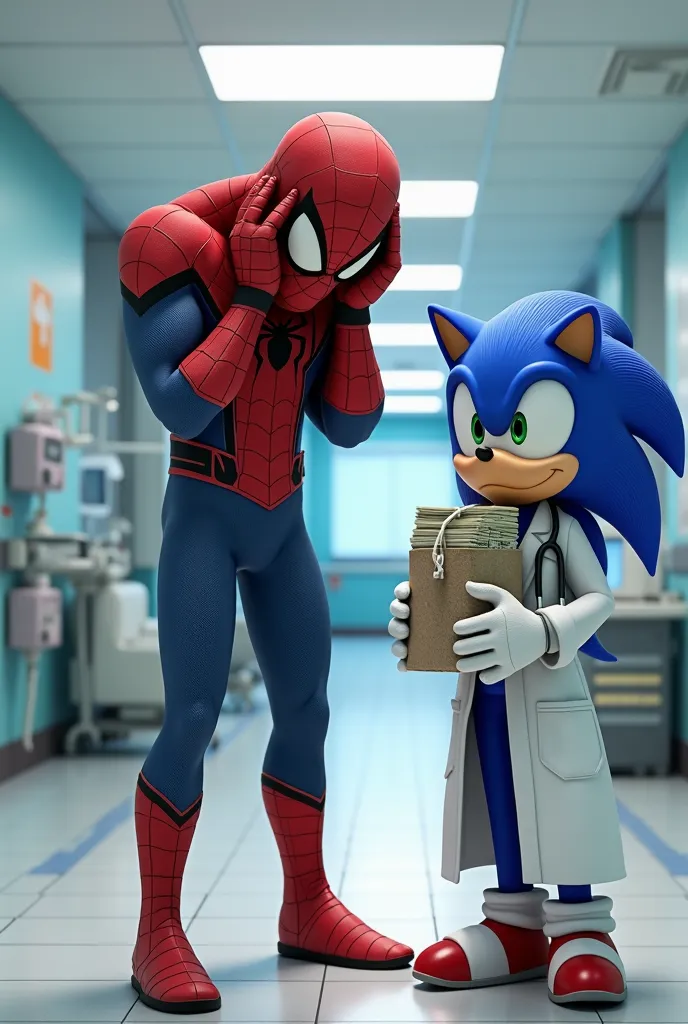 Create a Disney-Pixar-style 3D digital image of Spider-Man standing inside a hospital, completely desperate, his hands gripping his head in frustration. His white eyes are wide with panic, his fingers digging into the sides of his masked head as if he can’...