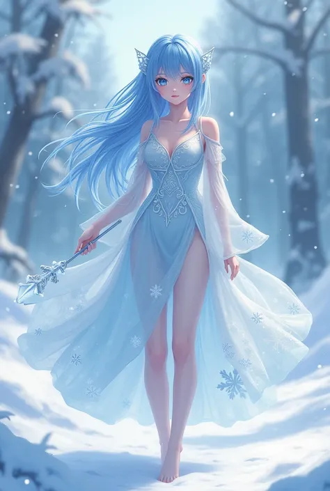  "4K anime style quality, digital drawing mode, Norse mythology-themed anime female character, delicate features with fragile blue hair, soft pale blue eyes, wearing a light silk dress with intricate snowflake patterns, holding a delicate ice wand, Blur th...