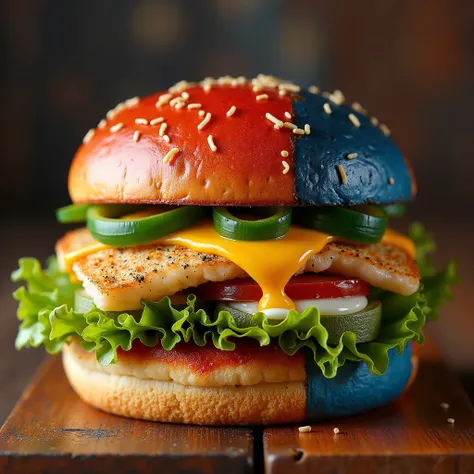 Imagine a hamburger with a multicolored bun in shades of red, blue and black. The colors are evenly distributed in a circular shape. The filling is made up of fish fillet, green onion rings, green eggs, grass blades, cheese with seasoning granules, thick m...