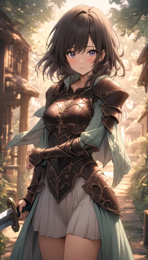  Light lines and soft colors create a dreamy effect., Momentary impression .., one woman、The old tree house  、  A girl holding an iron sword  、 cute、  fantasy 、  Fantasy Leather Armor 、