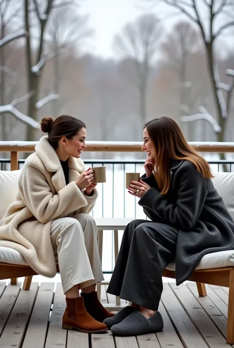 Photographie ultra-réaliste, capturant une scène élégante et cosy sur une terrasse en bois légèrement usée, donnant sur une forêt enneigée avec de grands arbres dénudés. Deux femmes, 25 ans sophistiquées, à l’aura minimaliste et chic, sont assises sur des ...