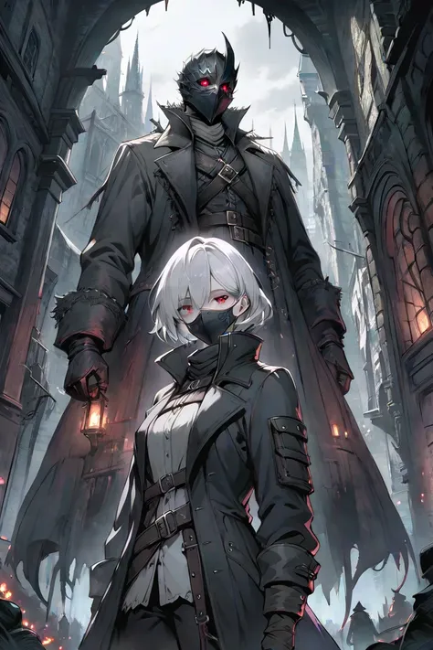 上半身looking at Viewer, 1 person, Suck a guy ,  alone, black tech wear coat ,  dark fantasy city ,  very short, shaggy gray and white hair,  Crimson Eyes,  cruel, Something mocking,  Detailed Structure , Anime, Buckle and tape fastening, Bloodborne,  (master...