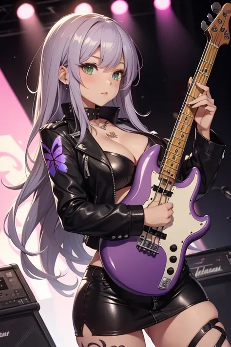 (high quality) Long haired bass guitar player girl, ((purple+silver colored hair)), ((shag cut style hair)), green eyes, ((perfect body)), lean yet busty, perfect curves, ((exposed cleavage)), big round breasts, ((butterly tattoo on the chest)), cropped to...