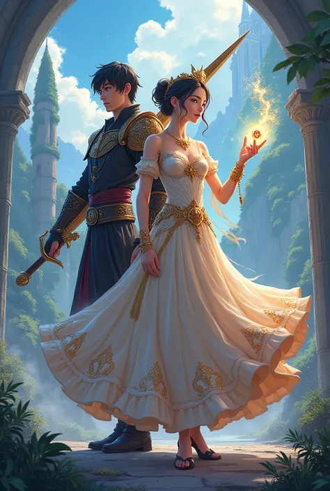 Create an anime picture of a girl from a magical fantasy world wearing a magical royal dress with a magic scepter, a man with black hair and a big magic sword