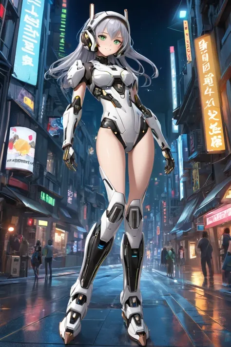 (masterpiece),(best quality),(ultra-detailed),1girl,cute,(petite),pretty,slender,mecha musume,mechanical bodysuite,mechanical headsets,mechanical arms,mechanical foot,looking at viewer,grin,bared navel,bared abs,holding mechanical sord,grin,green eyes,silv...