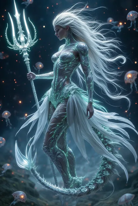 A Pisces warrior with an ethereal, almost translucent body, blending into the dreamlike ocean around them. Their armor is adorned with glowing coral and flowing bioluminescent patterns. A mystical trident hovers in their grasp, pulsing with ancient oceanic...