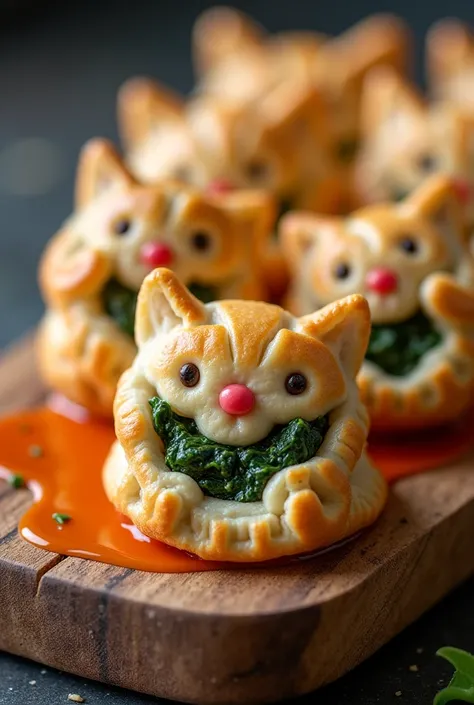 Mini cat-like puff pastries filled with spinach and feta, served with a tangy yogurt dip.