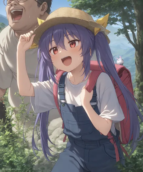 very awa, masterpiece, best quality, newest,  highres, absurdres、 There is only one 、Renge Miyauchi 、Renge Miyauchi 　No No Biyori、 purple hair、overalls、 large rucksack 、Mountain Road Overgrown with Trees 、One fat man 、 A Man Laughing at a Girl、sweat