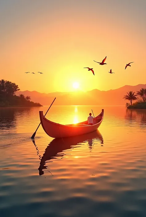 Serene Ethiopian lake at sunrise traditional Ethiopian boat, birds flying, vibrant warm colors hyperrealistic, add text"Visit Haro Dembel" in the center with mixed shining blue and yellow font color 