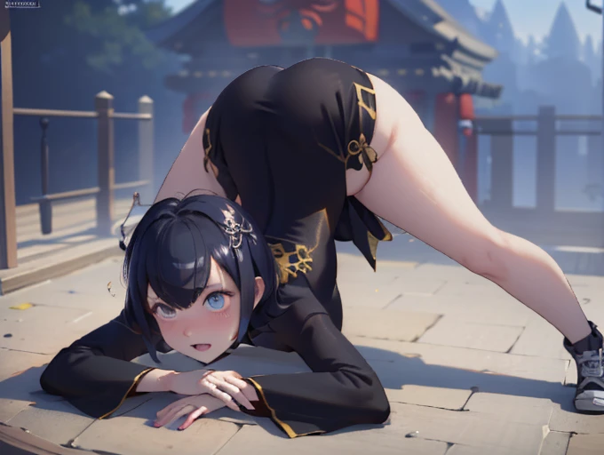  from the front, from below, 1 ,  alone, (Jack-o' , flexible,  open legs,  from top to bottom ,  from bottom to top ),  on the ground, (Chinese red dress, dressed),  embarrassed, blush no nariz,  black hair,  short hair,  (public), open air,  depth , Tokyo...