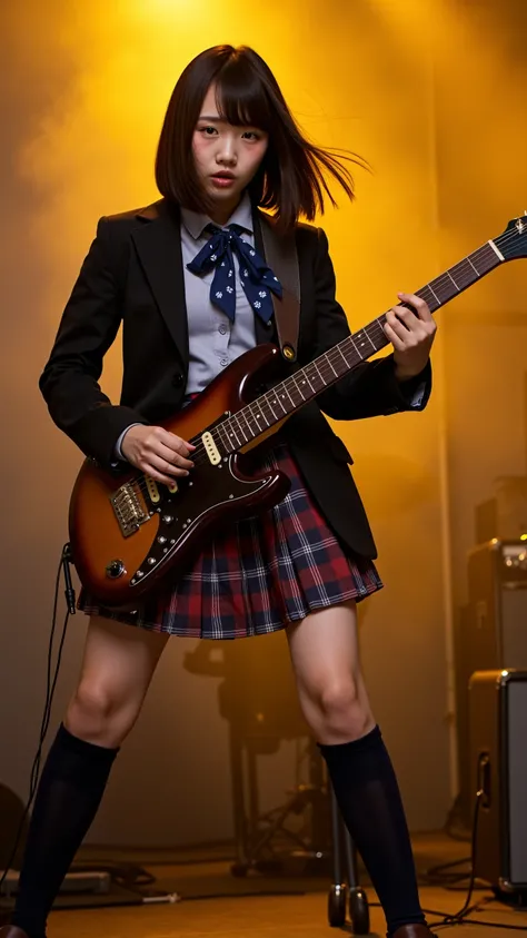 full shot of asian woman, light-skinned and likely in her late twenties, is playing an electric guitar.  She is positioned slightly to the left of center within the frame. Her black bob cut hair is flowing and windswept.  She has on a fitted black blazer w...