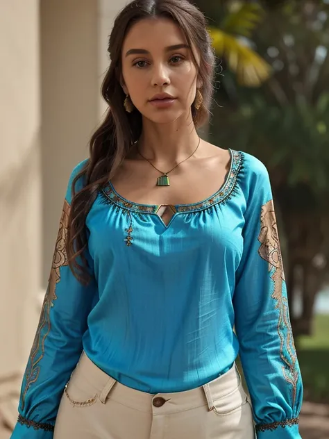  Turquoise blue blouse with loose sleeves and bronze embroidery on the v shaped neckline.